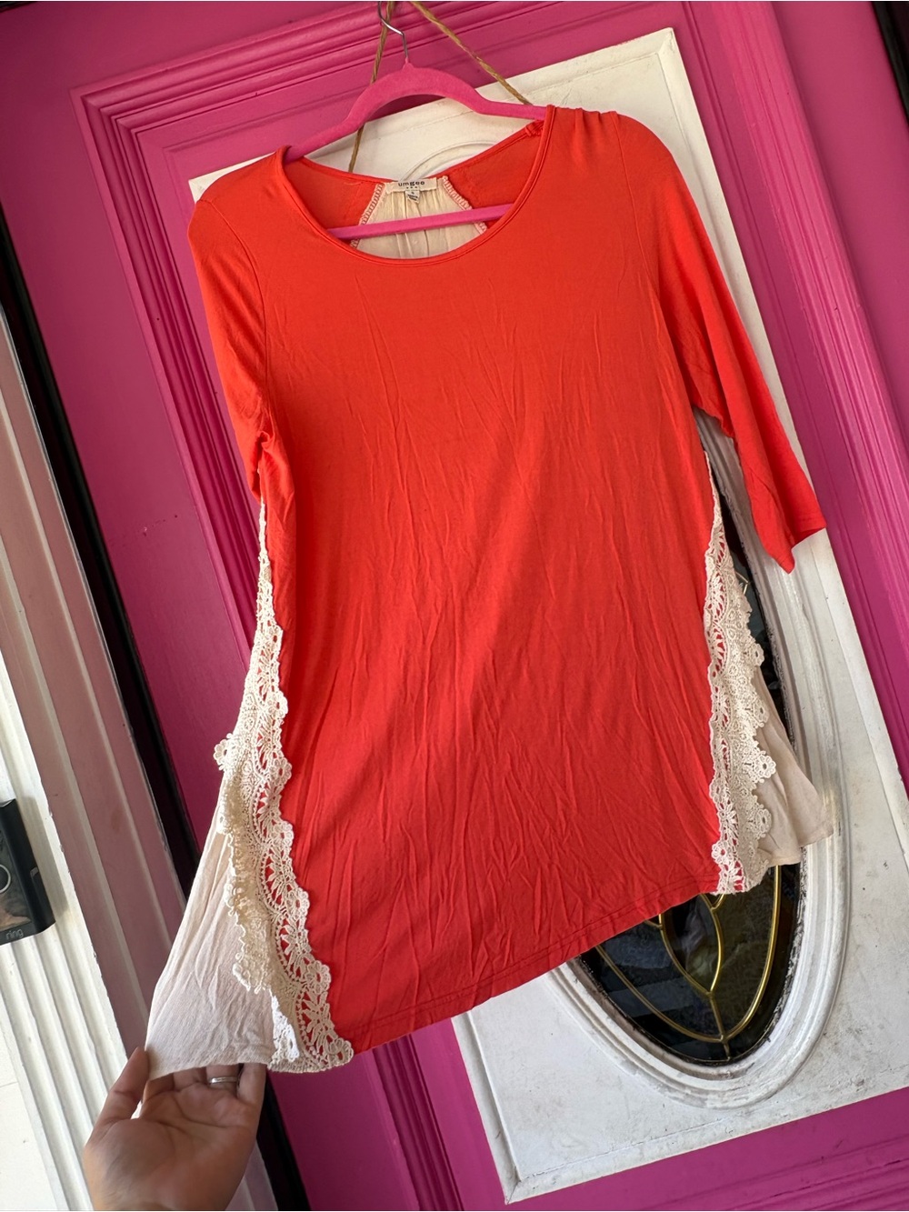 Umgee Coral Tunic with Cream Lace Panels